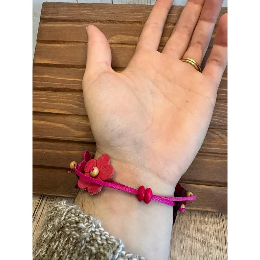 Handmade Genuine Leather Pink Flower Bracelet Pink Boho Daisy Bracelet NEW